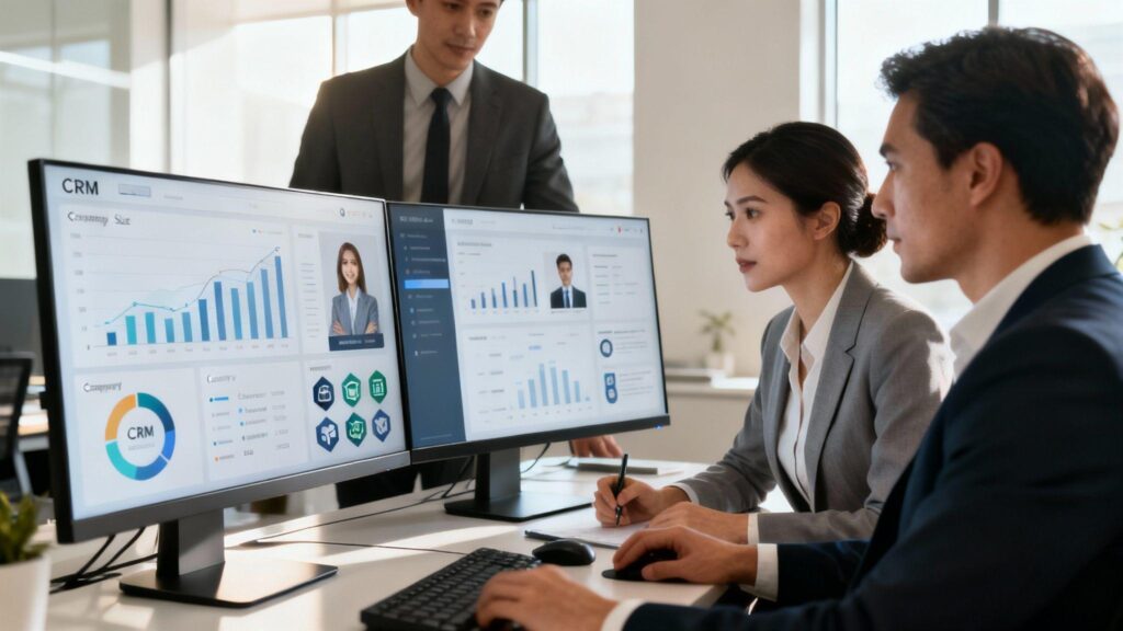 Business analysts comparing crm and bi dashboard numbers in an office