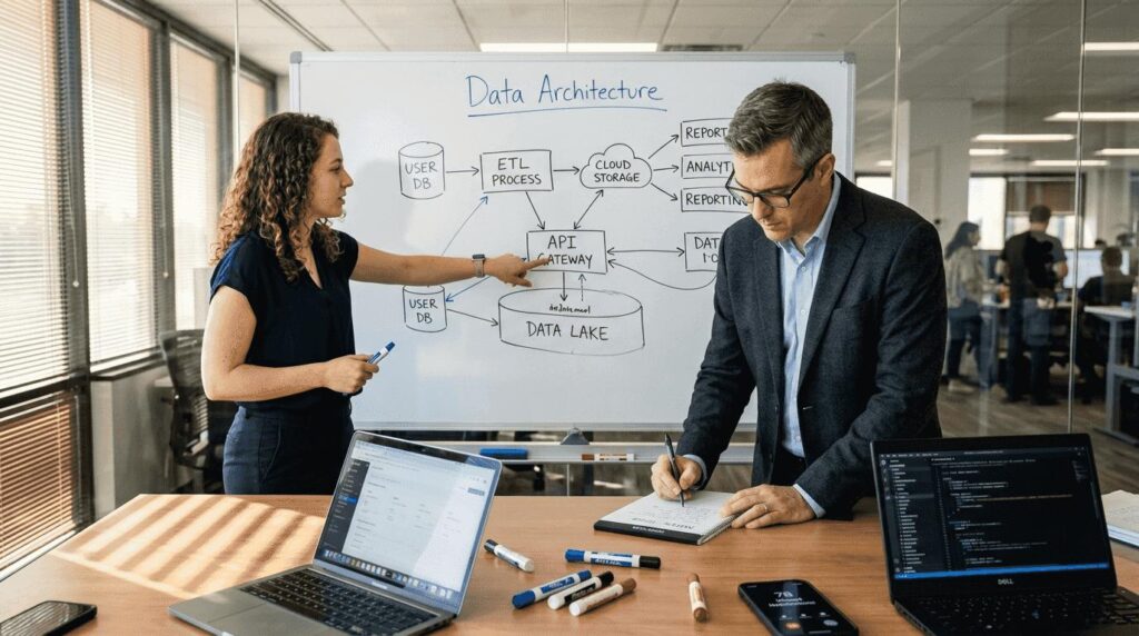 Business analysts defining data ownership metrics and governance rules in an office
