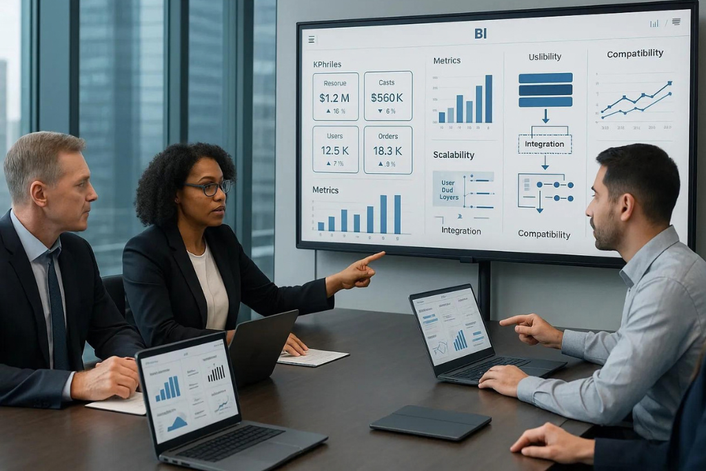 Business and bi teams defining kpis and requirements for a business intelligence implementation