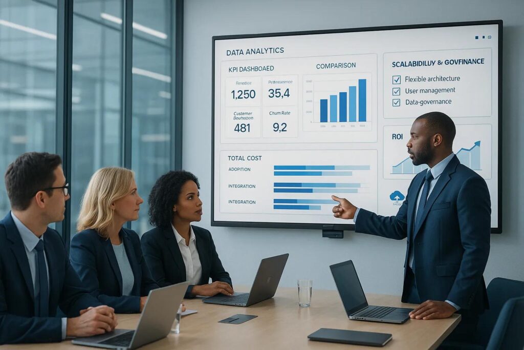 Business executives reviewing trusted data governance metrics and bi dashboards