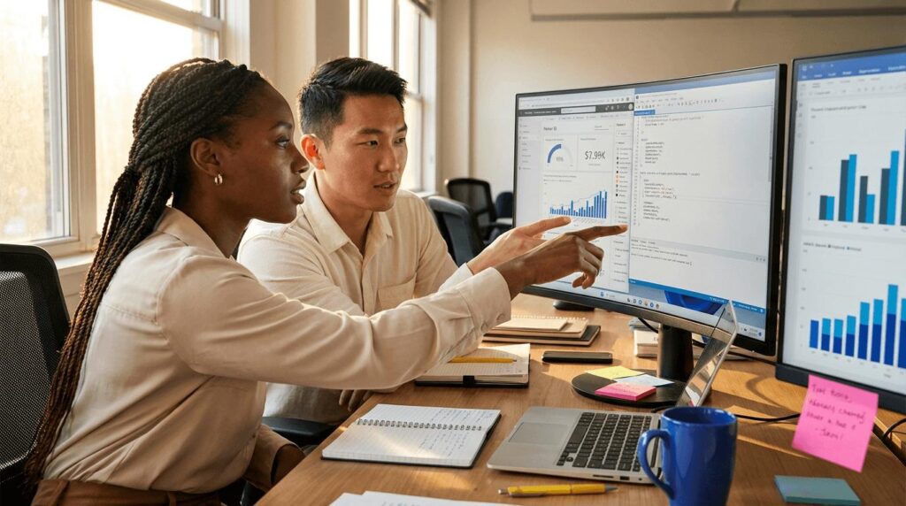 Business intelligence team discussing data reconciliation and dashboard metrics