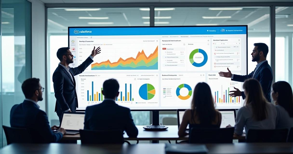 Business intelligence team reviewing salesforce and bi dashboard metrics in a modern office