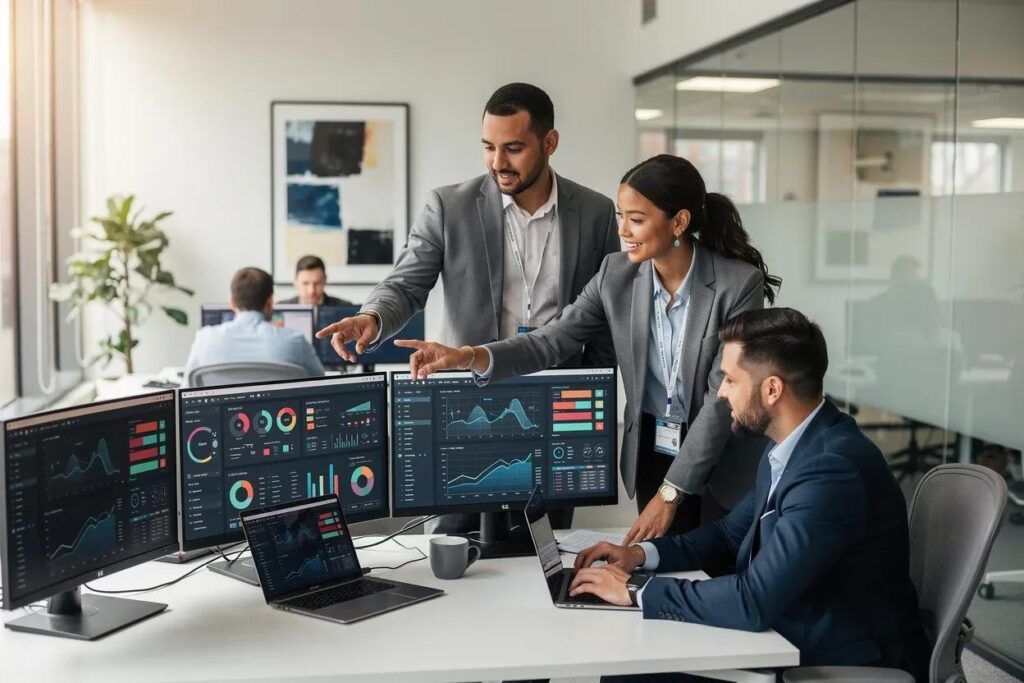 Business intelligence team reviewing governed kpi dashboards and reports