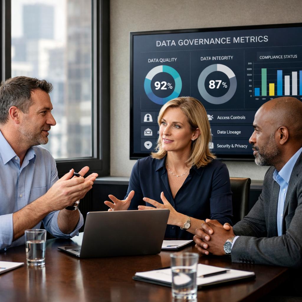 Business team defining data ownership and business metrics during a governance meeting