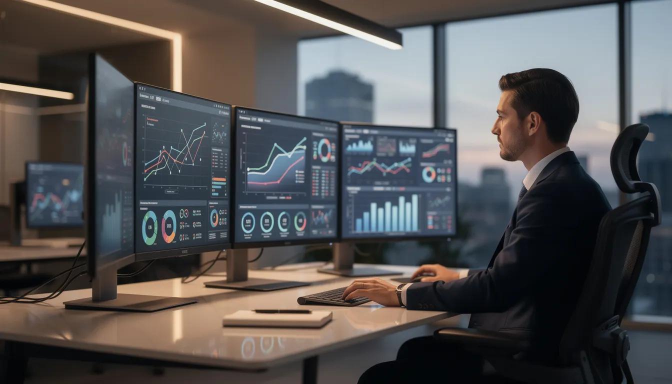 Ceo reviewing business intelligence dashboard with key business metrics