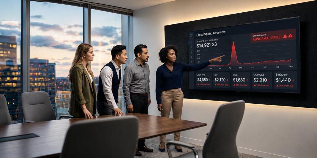 Cfo reviewing snowflake cost scorecard with cloud analytics spending and savings