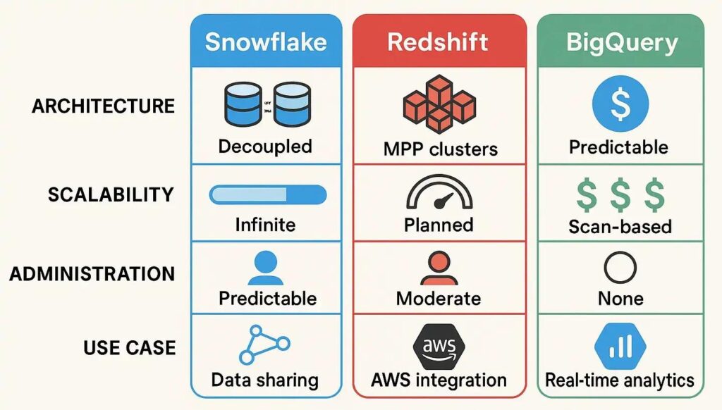 Cloud data warehouse decision matrix for evaluating snowflake bigquery and redshift