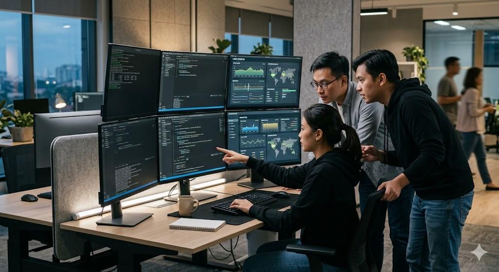Data analyst reviewing sql queries and database records on multiple monitors