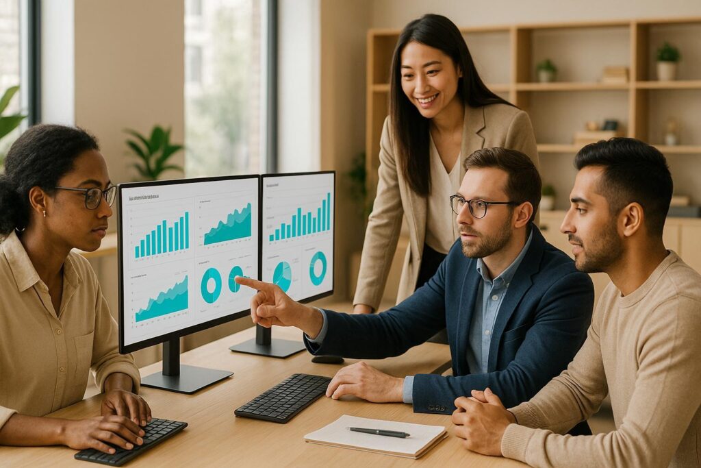 Data analysts reviewing business metrics and data quality in a bi dashboard