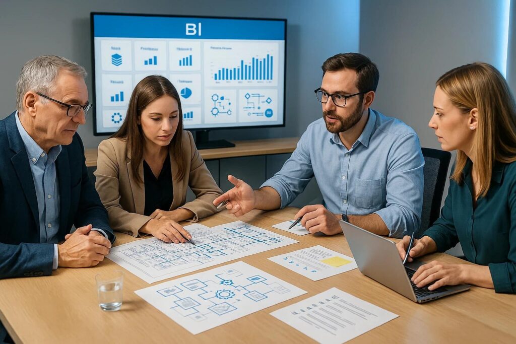 Data and business intelligence team collaborating on a resilient analytics architecture