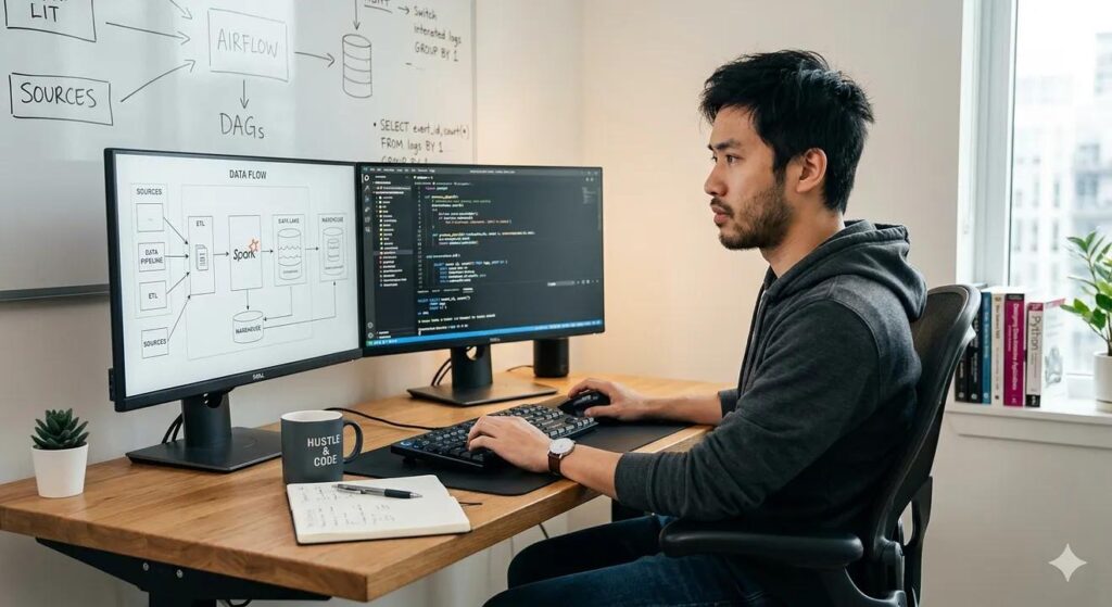 Data engineer monitoring an enterprise etl data integration pipeline