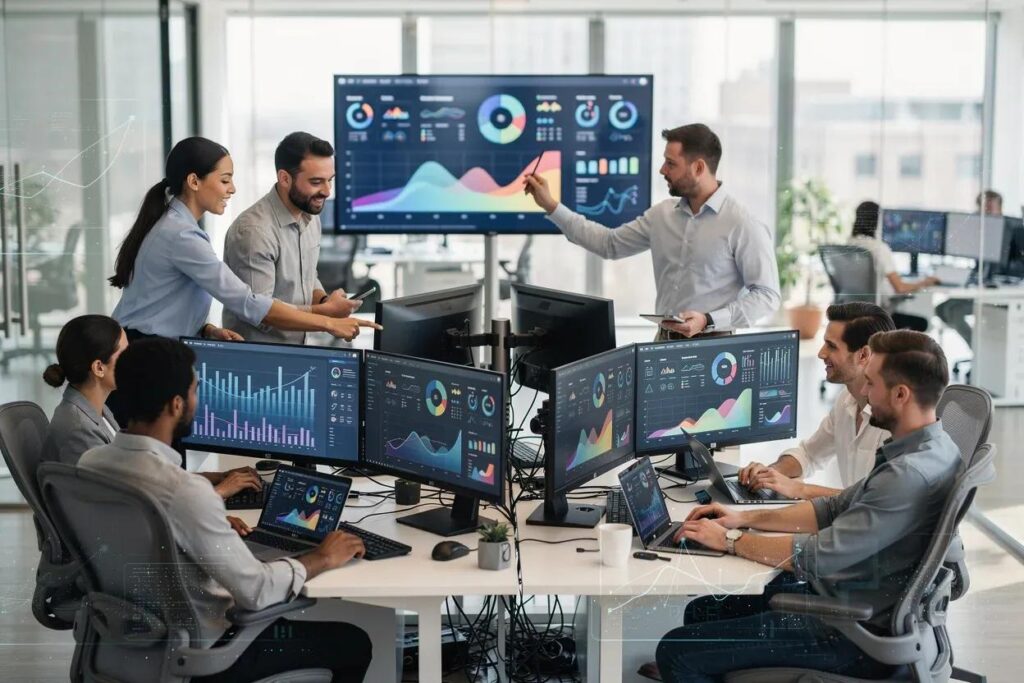 Data engineering and bi teams reviewing a layered enterprise data architecture