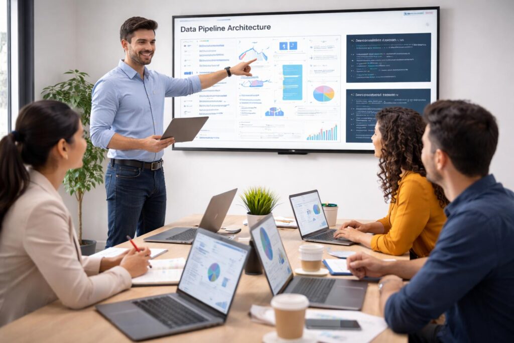 Data engineering consultants handing over architecture and documentation to an internal team