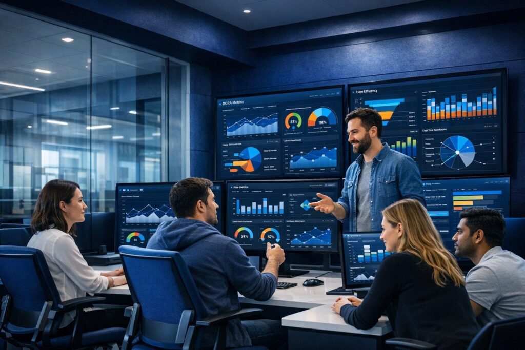 Data engineering team monitoring automated data quality checks and analytics pipelines