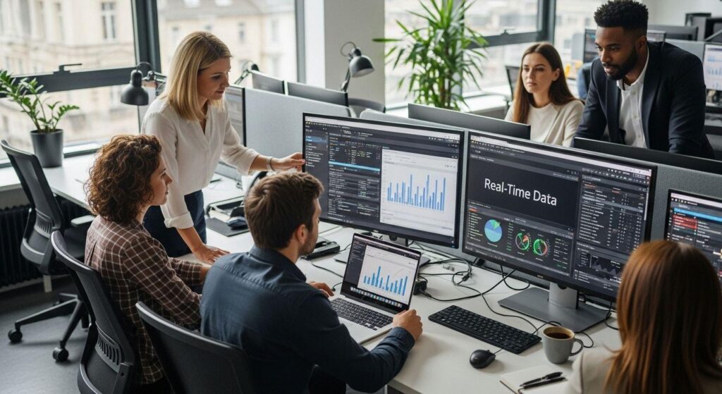 Data engineering team monitoring data pipelines and dashboard refreshes in an office