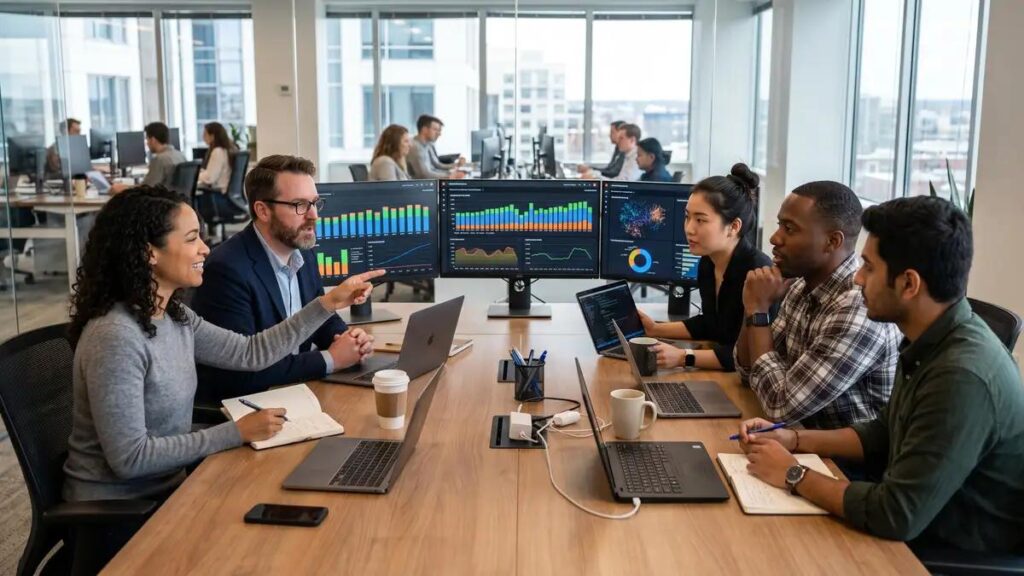 Data engineering team reviewing warehouse usage workloads and cloud computing costs