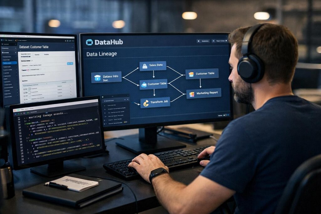 Data engineers reviewing data lineage pipelines and reporting dependencies in an office
