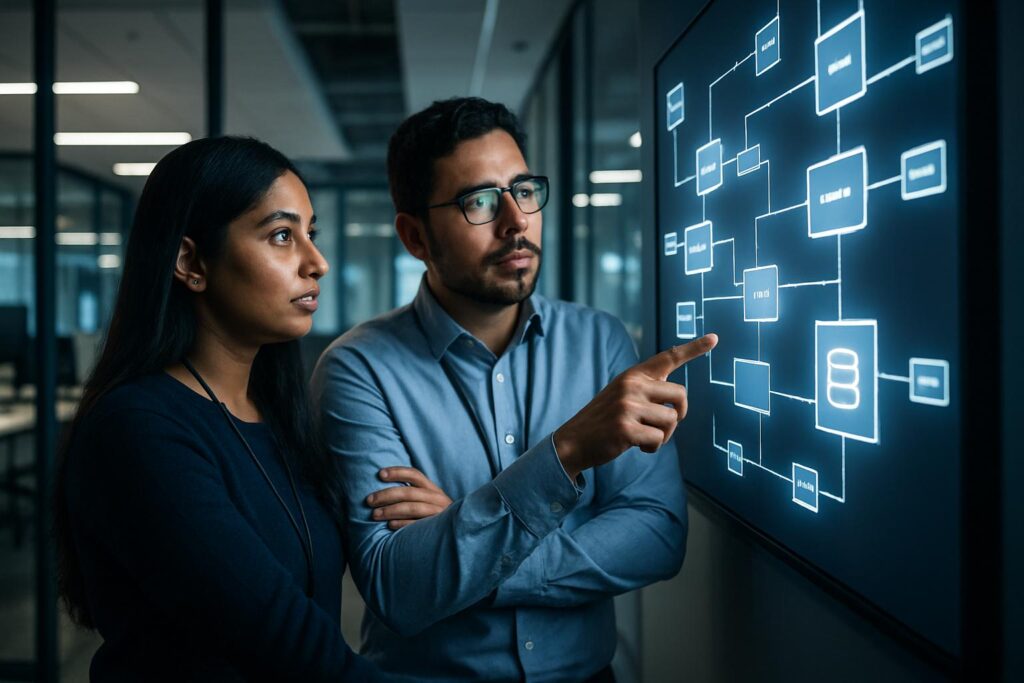 Data engineers reviewing semantic models metadata and data lineage