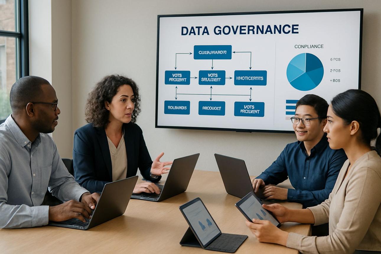 Data governance team managing business data quality security and analytics in a modern office