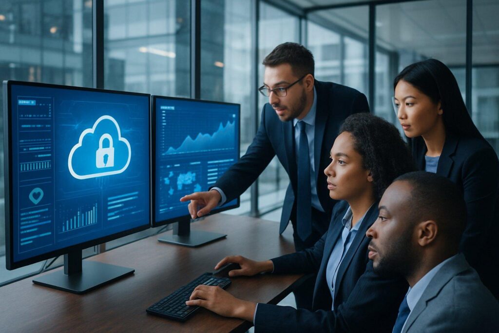 Data security team managing access controls and protecting business analytics data