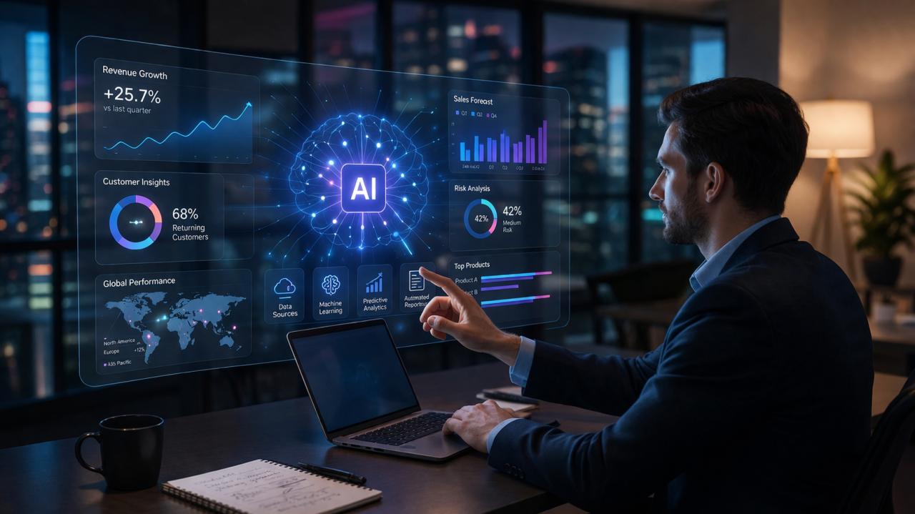 Executive comparing ai analytics and traditional business intelligence dashboards