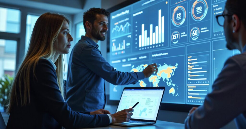 Executives reviewing a consolidated financial reporting dashboard