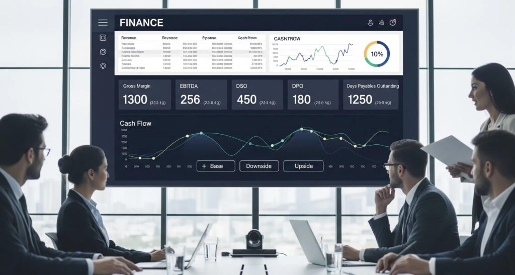 Executives reviewing revenue growth profit and cash flow kpis on a dashboard