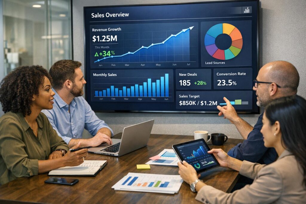 Executives reviewing sales pipeline forecast and target dashboard
