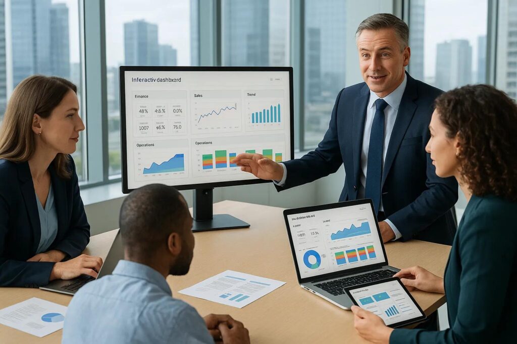 Executives reviewing self service analytics and governed business intelligence
