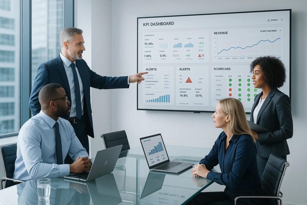 Executives using a production business intelligence dashboard for decision making