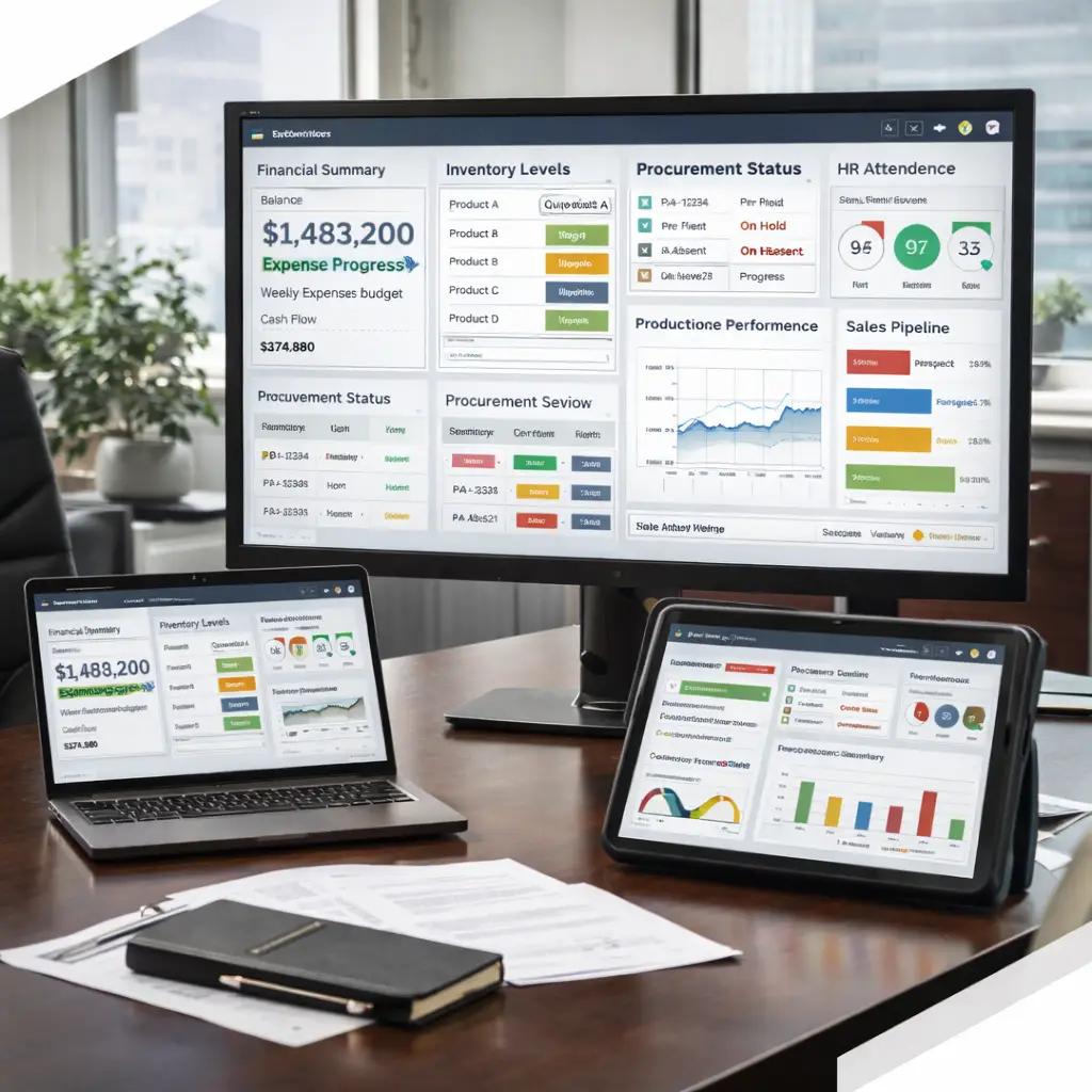 Finance sales and operations leaders reviewing a shared kpi dashboard