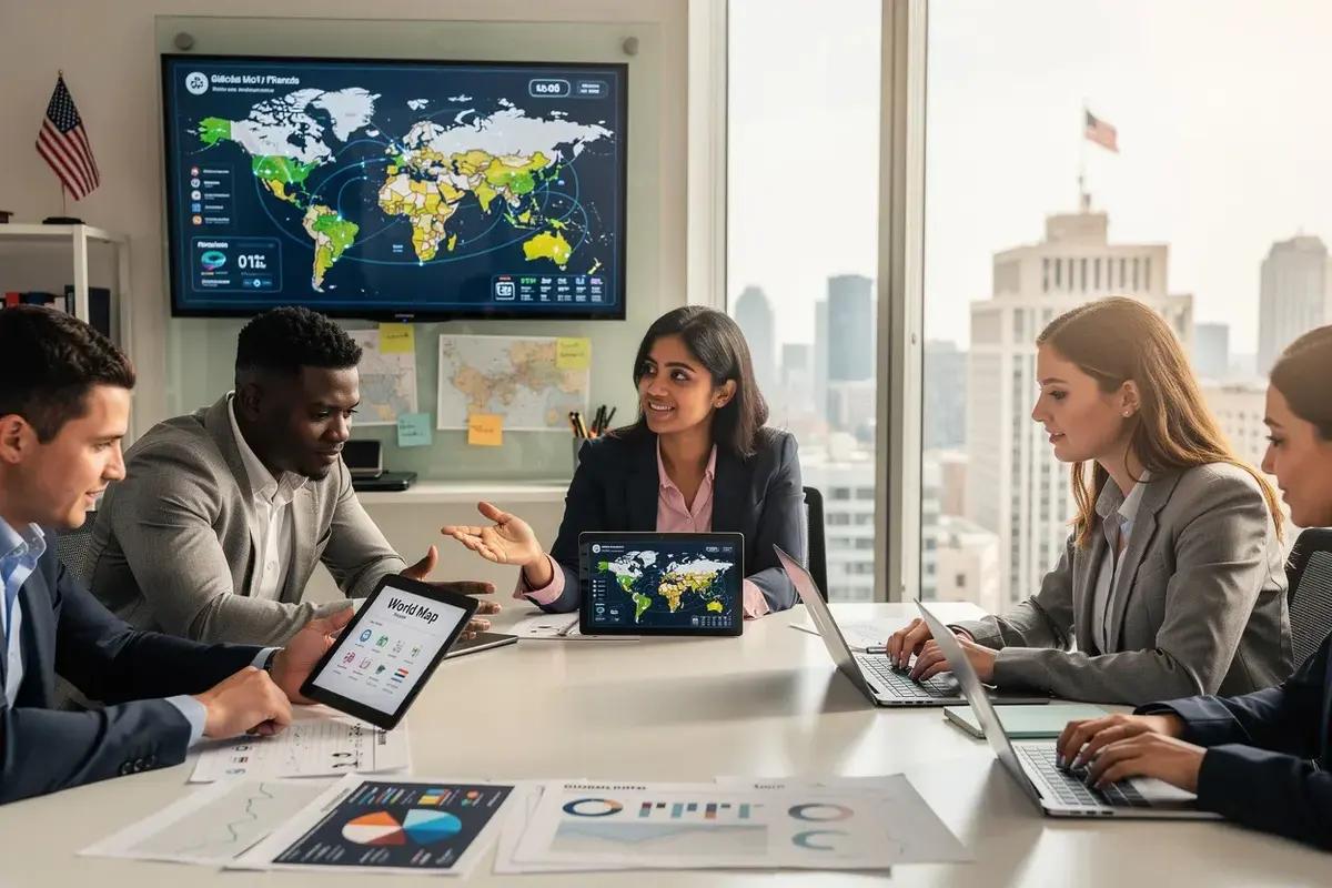 Finance executives reviewing multi entity financial reporting across countries and currencies