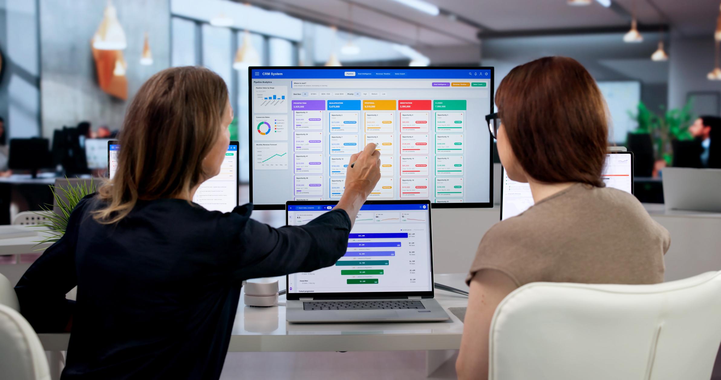Sales executives reviewing a crm sales pipeline forecast dashboard