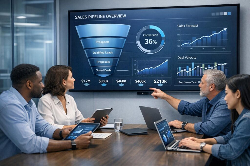 Sales leaders reviewing pipeline conversion and customer retention metrics