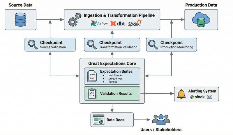 Validation checks, record counts, error alerts, reconciliation, monitoring dashboard