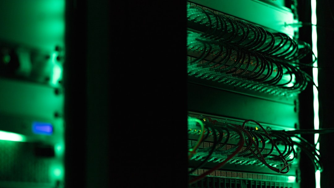 Modern cloud server infrastructure rack with blue ambient lighting