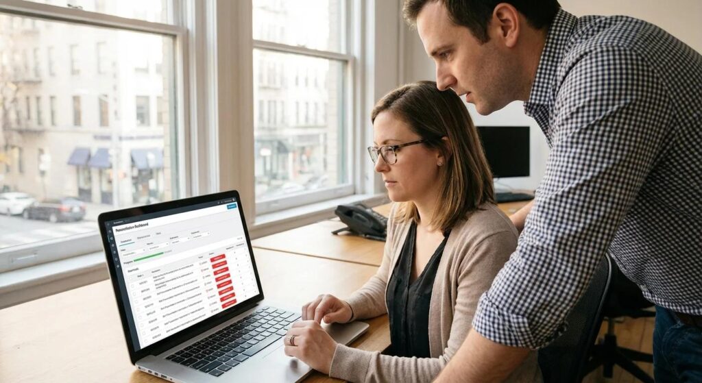 Accounting team reviewing api synchronization reconciliation and audit trails