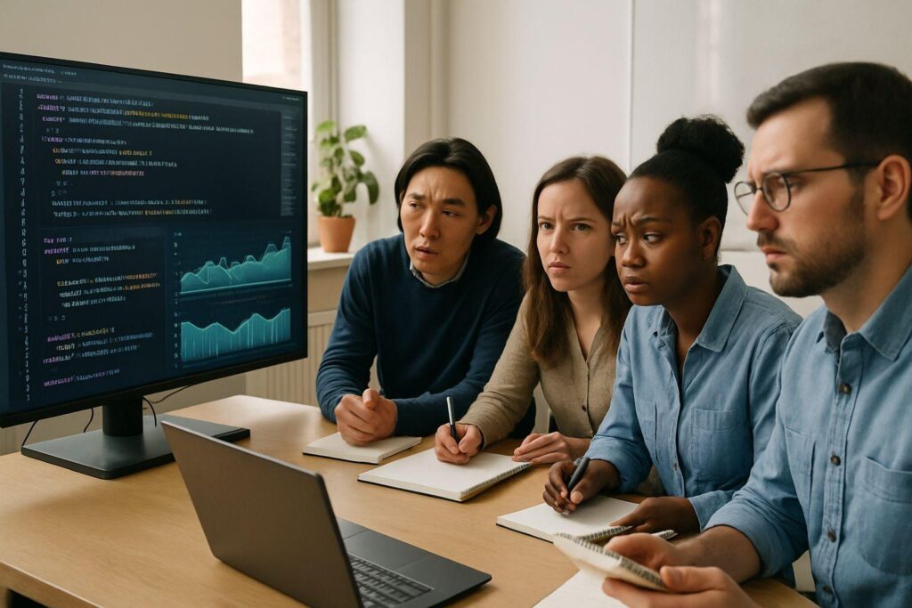 Analytics engineering team reviewing data transformation code and automated tests