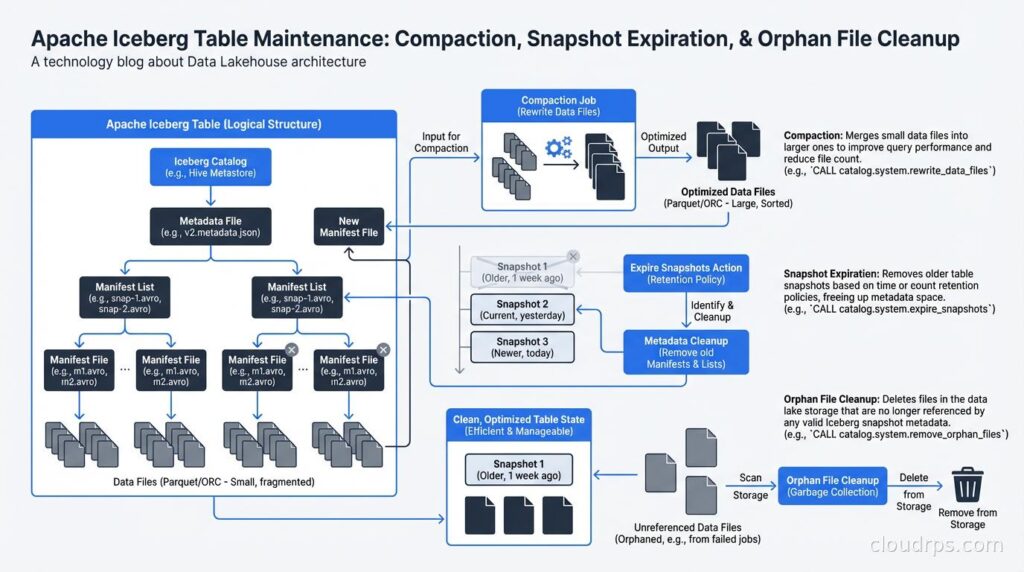 Apache iceberg table maintenance with file compaction snapshot cleanup and data governance