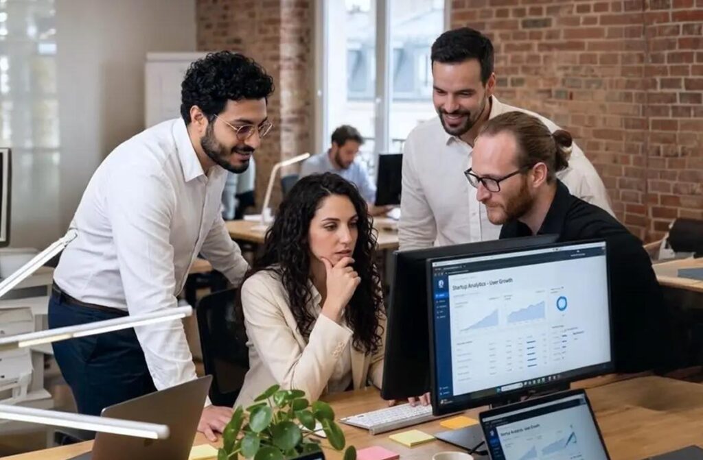 B2b saas product team reviewing mvp usage analytics and success metrics