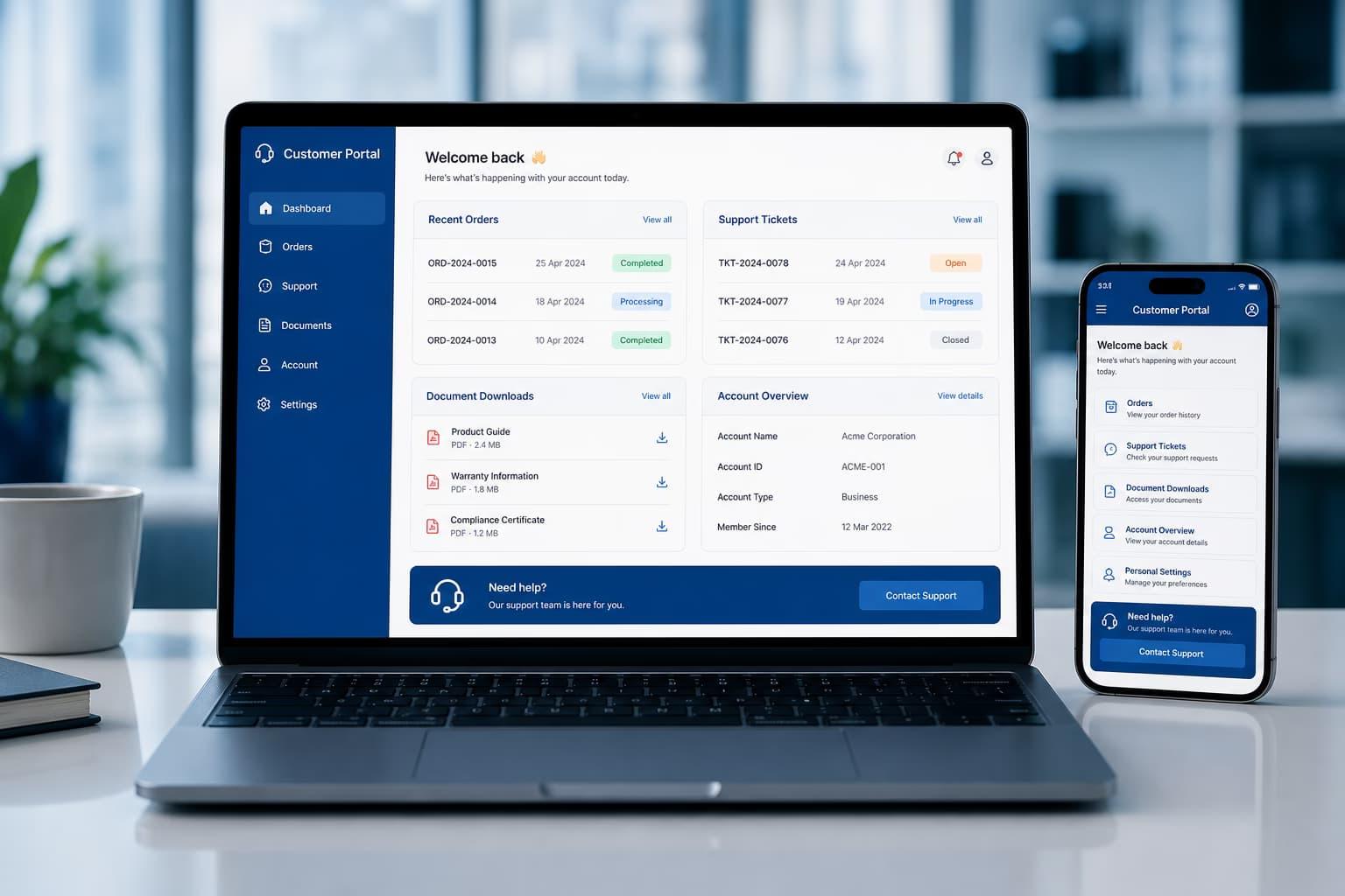 B2b customer portal on desktop and mobile app on smartphone