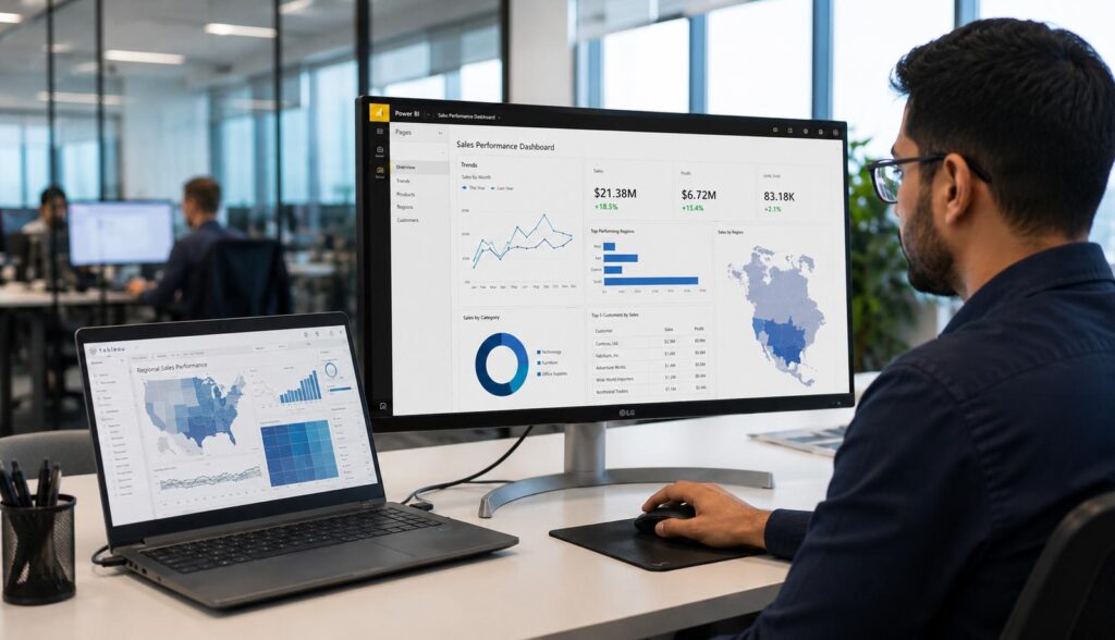 Business analyst comparing source system data with dashboard totals for reconciliation and validation