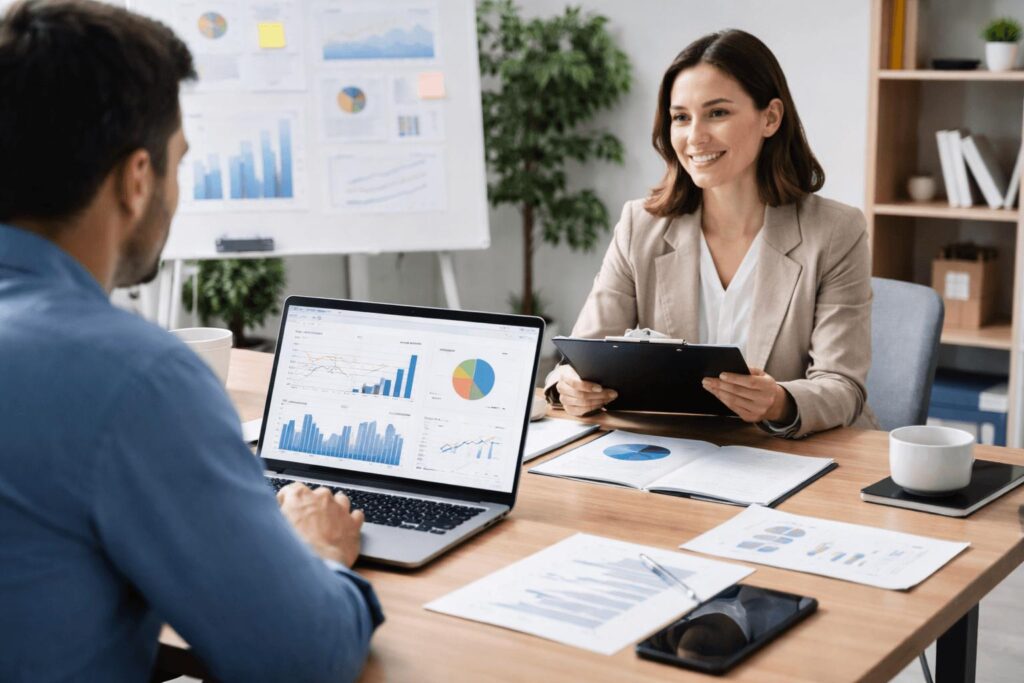 Business analyst interviewing an operations employee to understand workflow problems