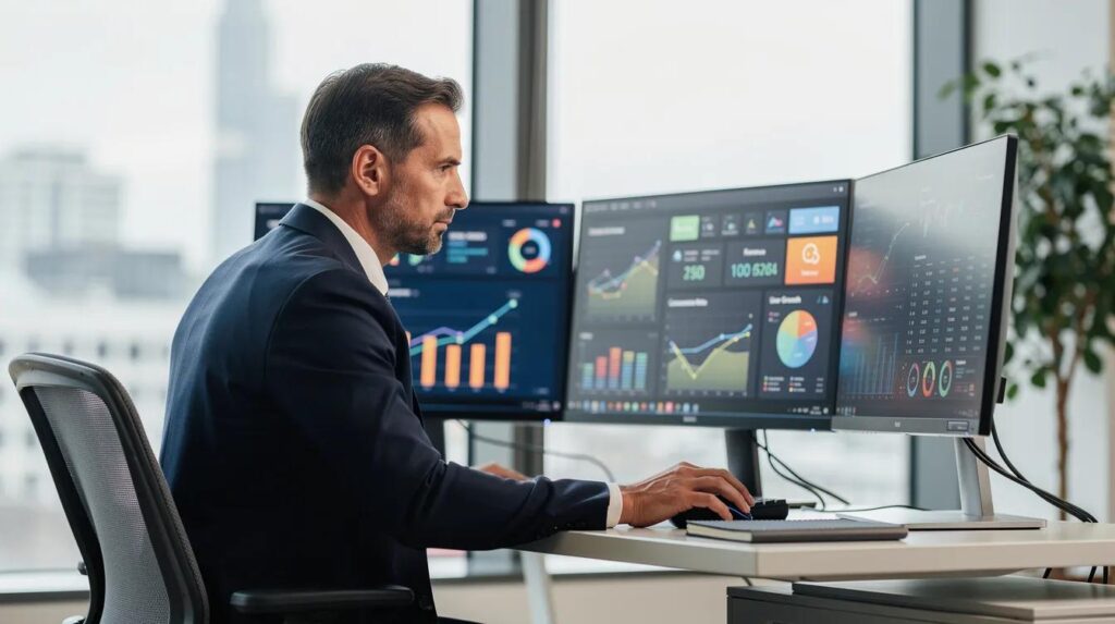 Business analyst reviewing dashboard insights before updating an operational record