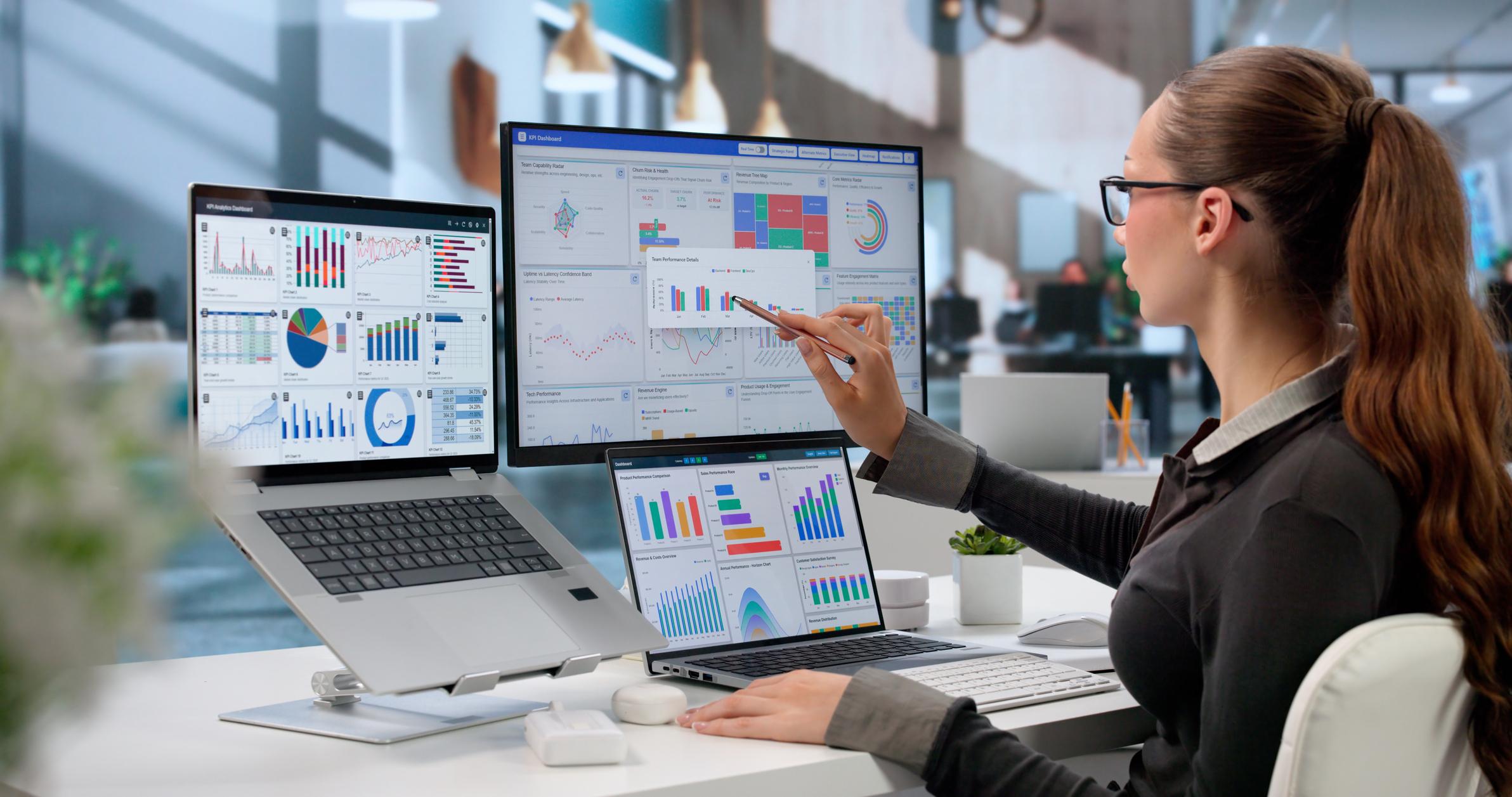 Business intelligence analyst comparing shared business metrics and semantic data models