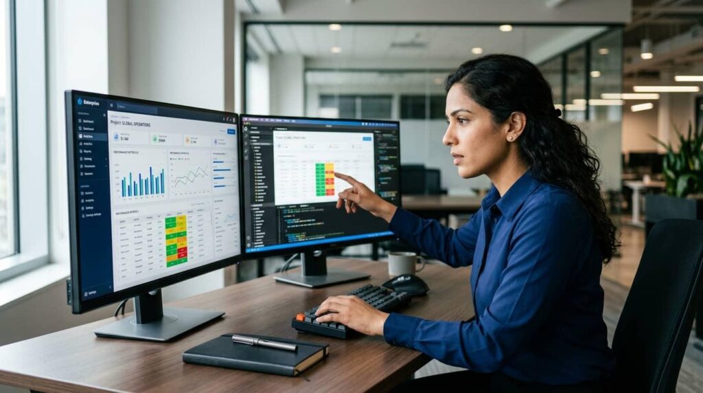 Business intelligence analyst monitoring dashboard data freshness and reporting system performance