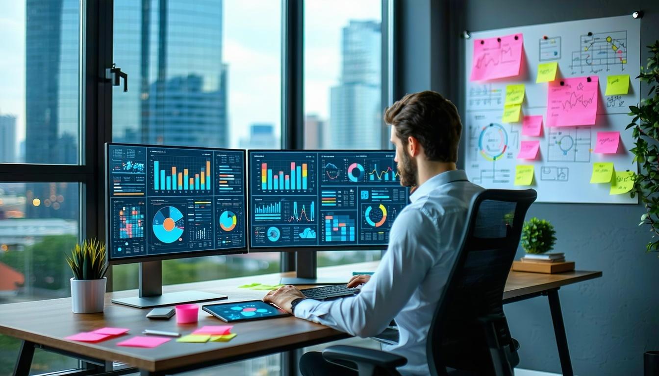 Business intelligence analyst reviewing dashboard governance, data access and reporting metrics