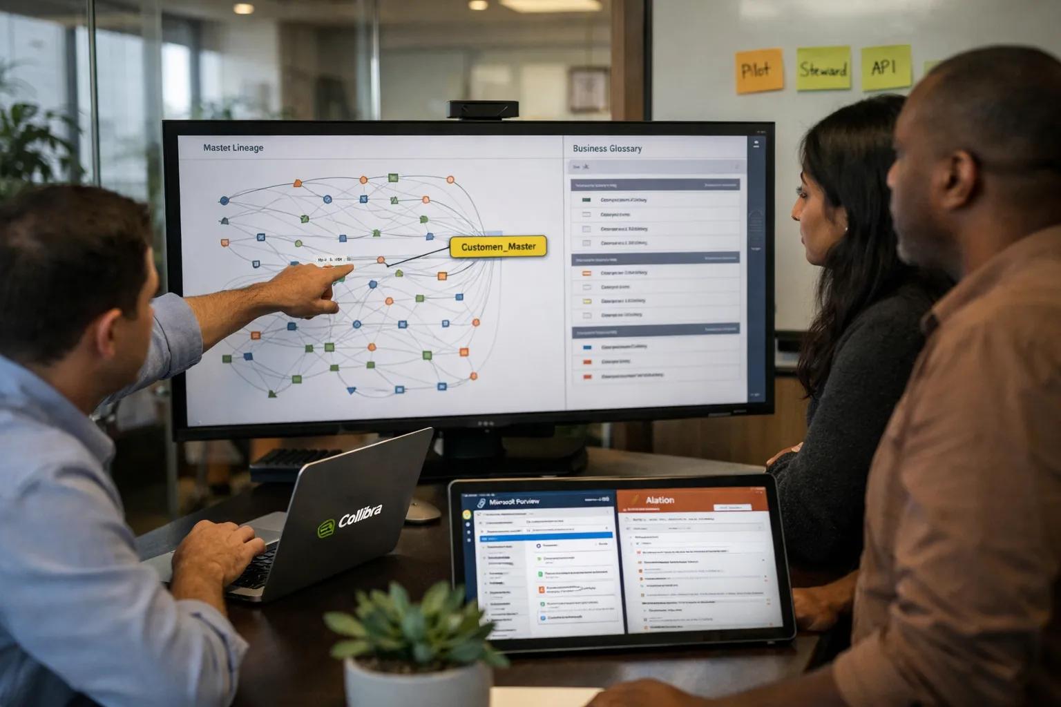 Business intelligence team reviewing a semantic layer for consistent kpi definitions