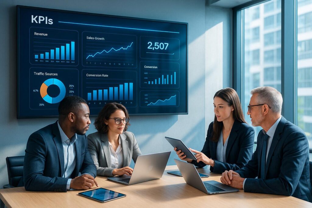 Business intelligence team validating kpi calculations and approved metric definitions