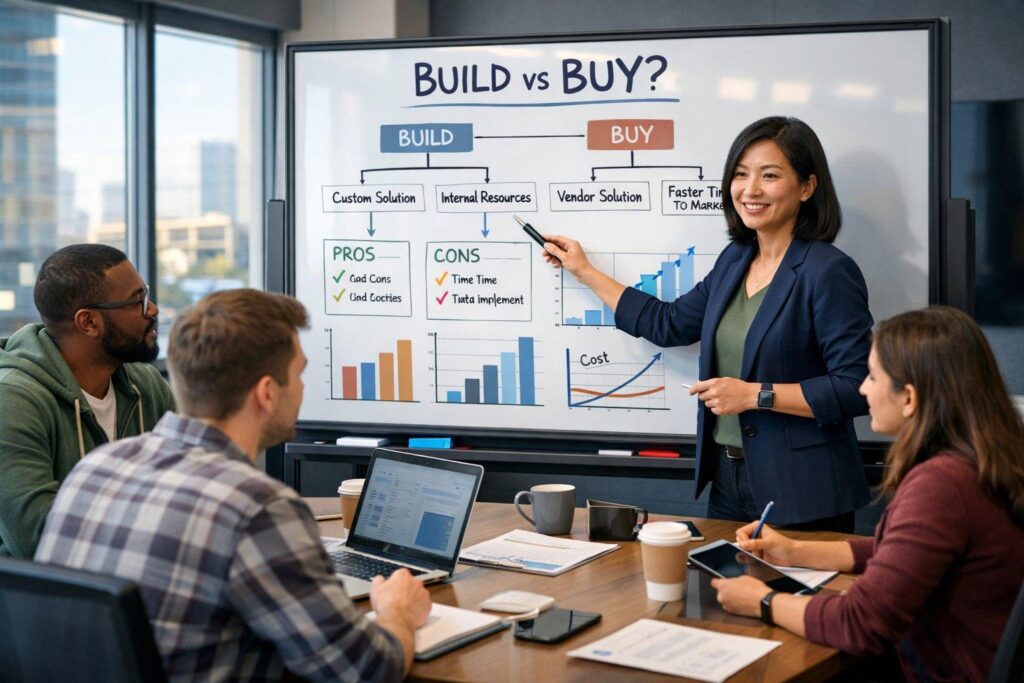 Business leaders comparing customer portal lifecycle cost ownership and build versus buy options